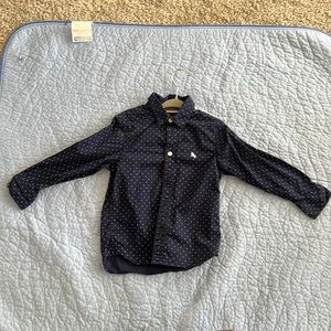 Blue with white polka dots long sleeve button down dress shirt for toddler boys